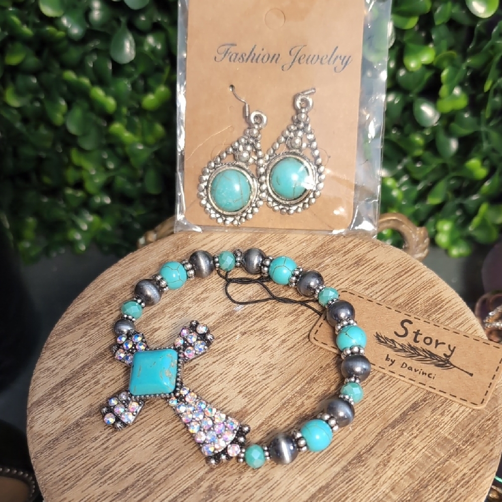 Turquoise and AB Cross Bracelet & Earring Set